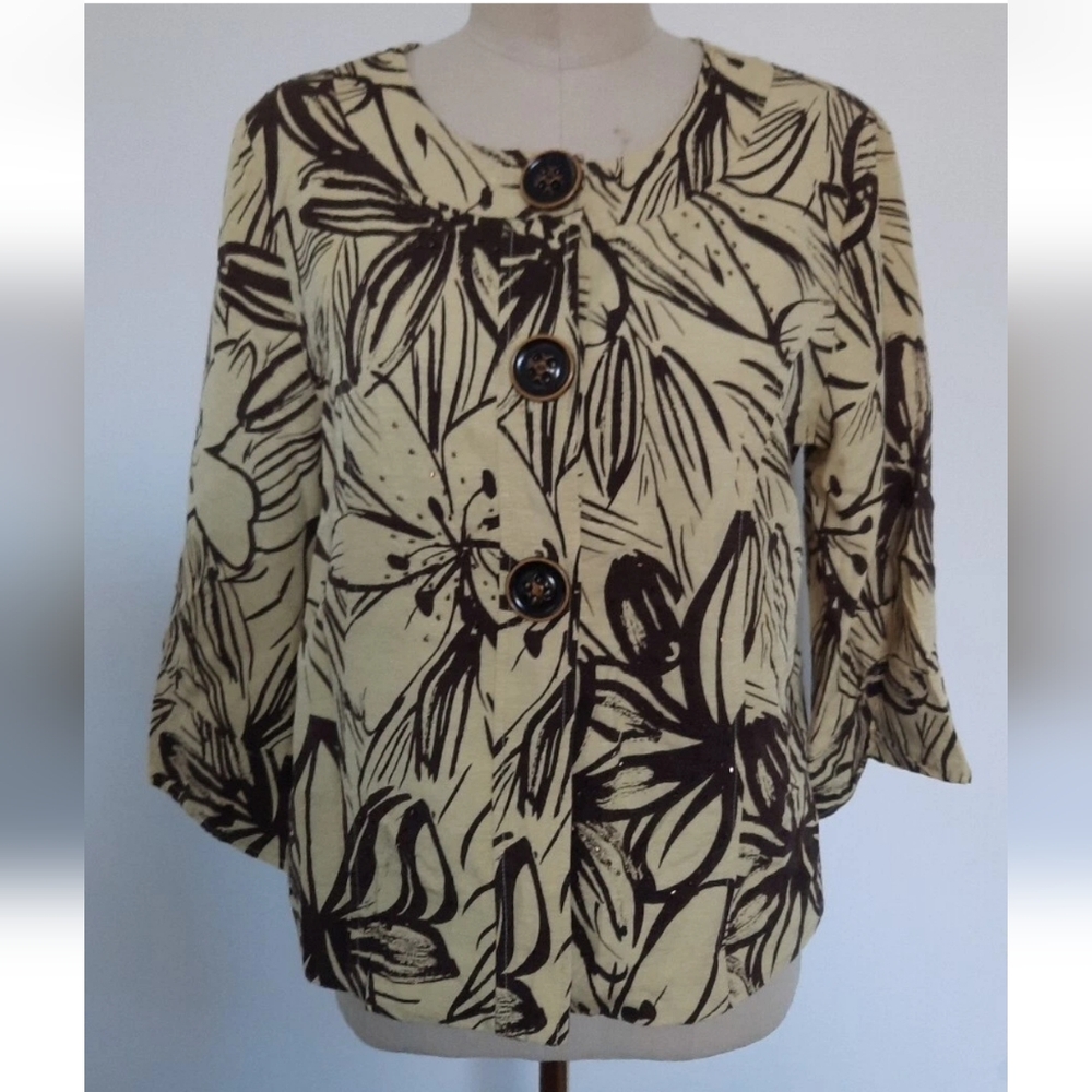 Dressy Silk Jacket L Blazer Yellow Brown Floral Bead Unique Button Classic Frenz